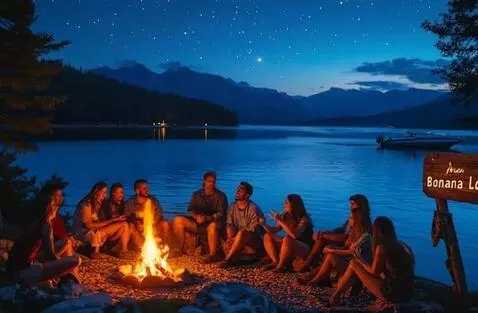 AI Video from prompt: group of friend sitting around a campfire laughi