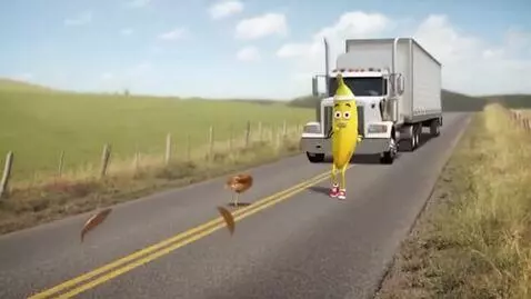 AI Video from prompt: chicken banana is jogging down the road. right i