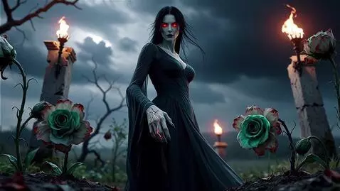 AI Video from prompt: A mesmerizing yet terrifying woman stands in a c