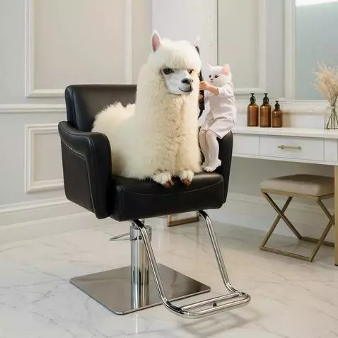 AI Video from prompt: A tousled llama sitting nervously in a stylish s