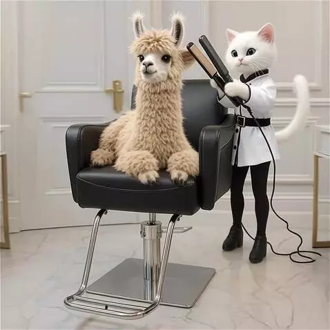 AI Video from prompt: A tousled llama sitting nervously in a stylish s