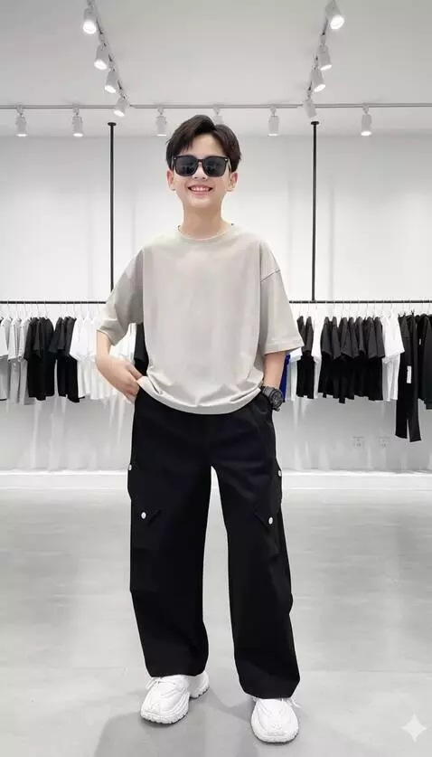 AI Video from prompt: Model anak laki-laki tersebut tersenyum merapika