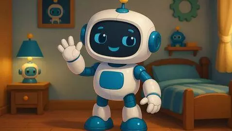 AI Video from prompt: A friendly robot is waving his hand to his new f