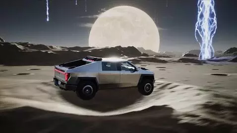 AI Video from prompt: The Cybertruck races across the surface of the p