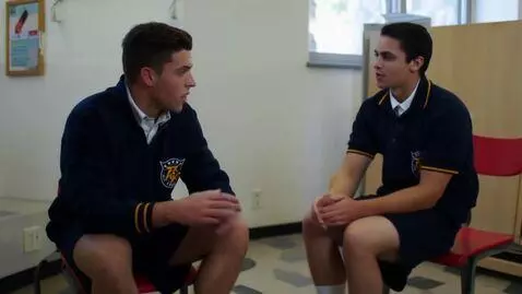 AI Video from prompt: teen 18 years old guys chatting in briefs in a l