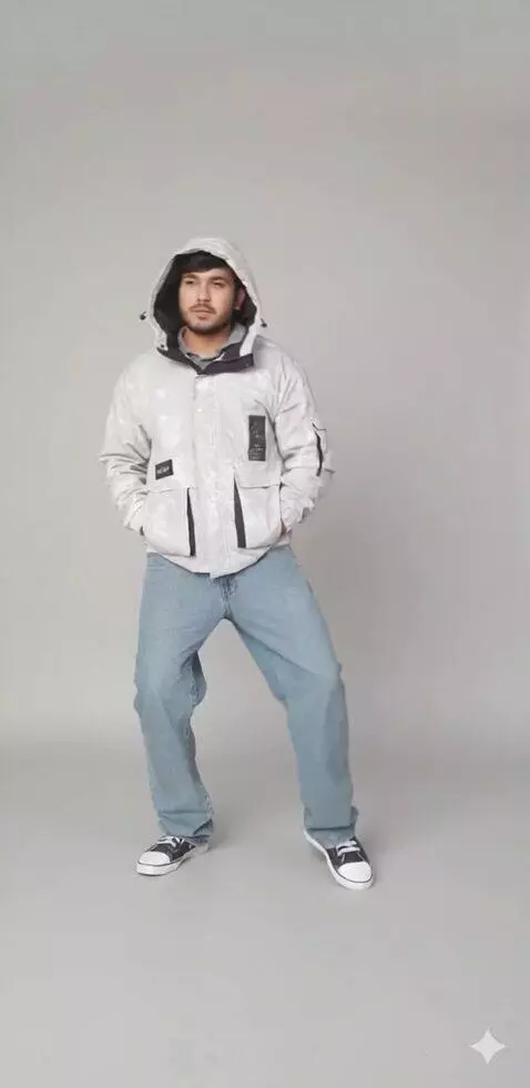 AI Video from prompt: Make him walk, hands in pocket, like a fashion m