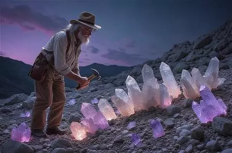 AI Video from prompt: The man squats in front of the crystals and begi