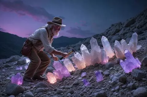 AI Video from prompt: The man squats in front of the crystals. He then