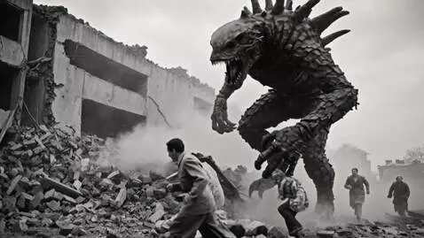 AI Video from prompt: Поднимая облако пыли, гигантский жуткий темный м