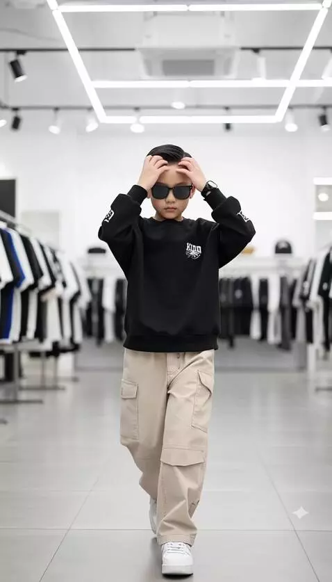 AI Video from prompt: Anak laki-laki tersenyum berjalan merapikam ramb