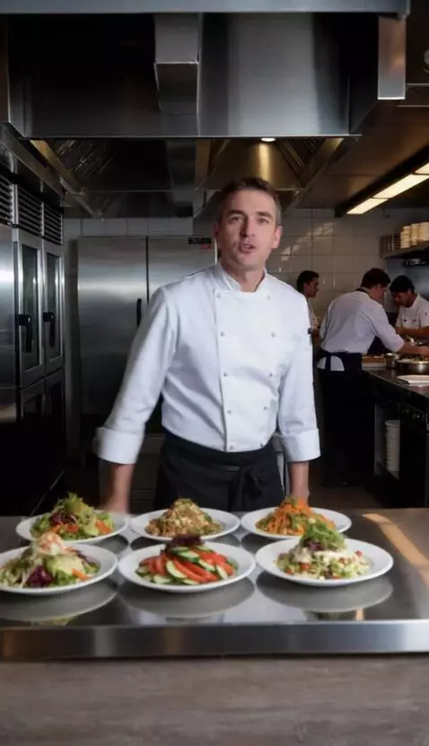 AI Video from prompt: Повар поворачивается и идет на кухню. Камера сле