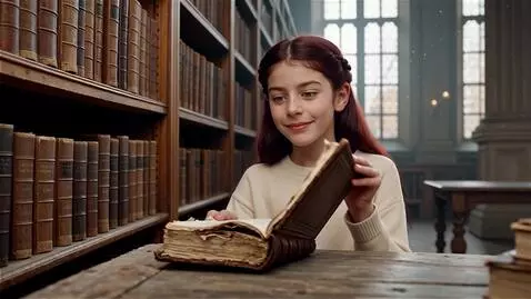 AI Video from prompt: A girl in a library opens an old book. Sounds fl