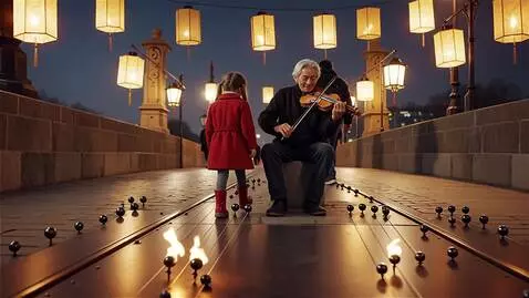 AI Video from prompt: An old violinist plays on a bridge. As people pa