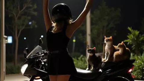 AI Video from prompt: A girl wearing a closed motorcycle helmet is dan