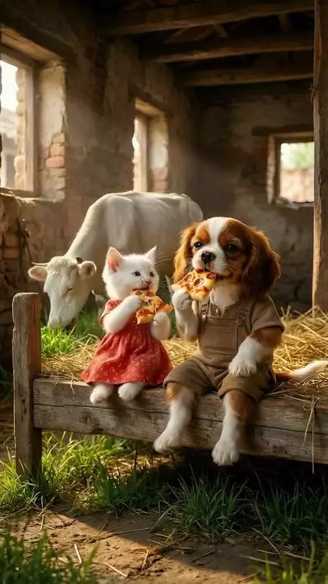 AI Video from prompt: Puppy and kitten eating pizza