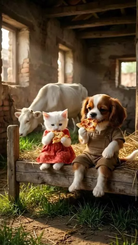 AI Video from prompt: Puppy and kitten eating pizza