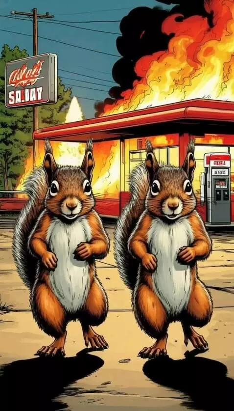 AI Video from prompt: белки шагают к зрителю, сзади пожар и взрывы