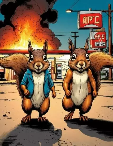 AI Video from prompt: белки шагают к зрителю, сзади пожар и взрывы