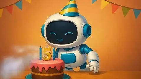 AI Video from prompt: A friendly robot is blowing the candles and smil