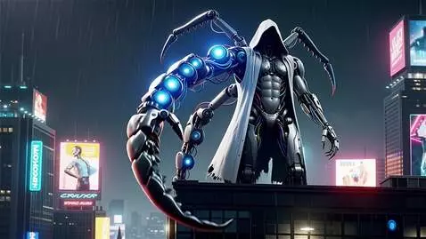 AI Video from prompt: An ultra-detailed cybernetic humanoid with a mus