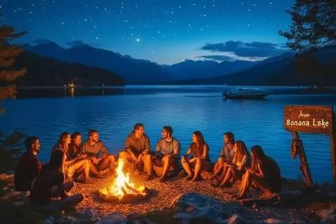 AI Video from prompt: Group of friends sitting around a campfire talki