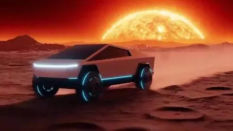 AI Video from prompt: Cyberpunk matte painting, a sleek Tesla Cybertru