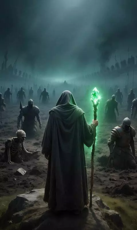 AI Video from prompt: The warriors climb out of the graves and gather 