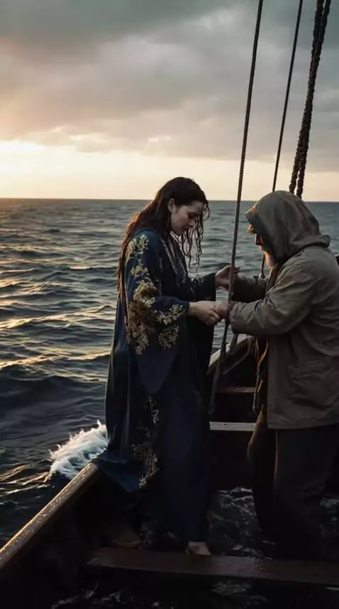 AI Video from prompt: A wooden boat gently rocks on a choppy sea as a 