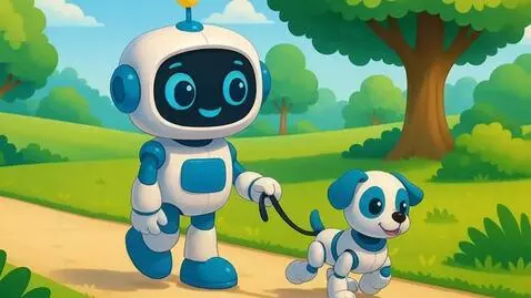 AI Video from prompt: A friendly robot walking his dog saying: "I like