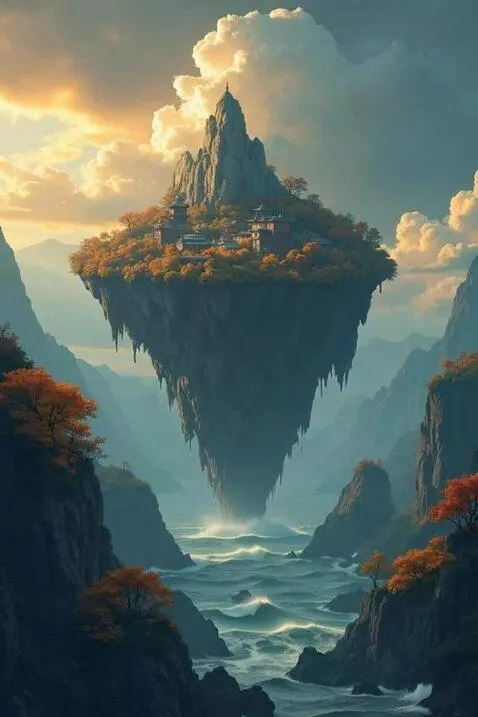 AI Video from prompt: A giant flying island moves in the air low above