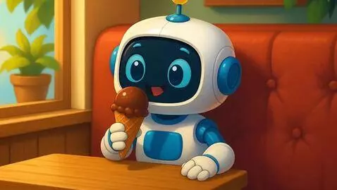 AI Video from prompt: A friendly robot eating ice cream and saying: "I