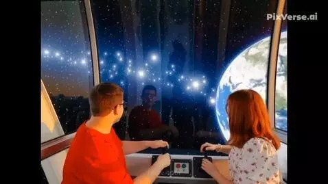 AI Video from prompt: Космический корабль с тремя детьми в кабине стре