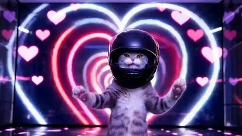 AI Video from prompt: A rapping cat wearing a fully closed motorcycle 