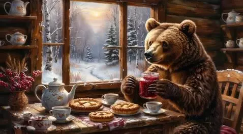 AI Video from prompt: медведь подпирает лапой голову и засыпает