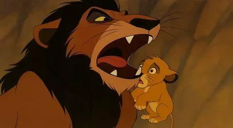 AI Video from prompt: Scar swallowed the smallest simba. Simba went to