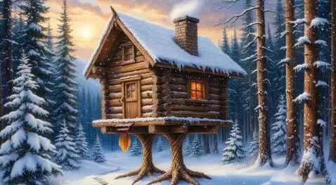 AI Video from prompt: избушка танцует на куриных ногах, хлопает дверьм