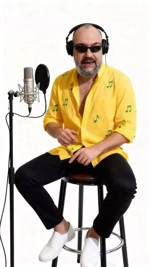 AI Video from prompt: A man in dark glasses sits near a microphone, bu