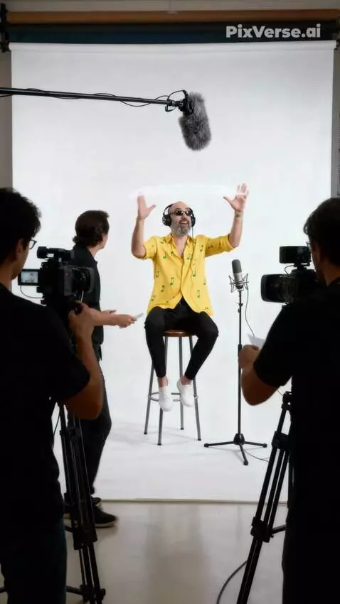 AI Video from prompt: A man sitting on a stool gestures vigorously, su