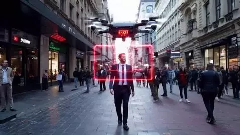 AI Video from prompt: Street scene. Businessman scanned by hovering dr