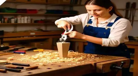 AI Video from prompt: Девушка строгает рубанком деревянную ножку в сто