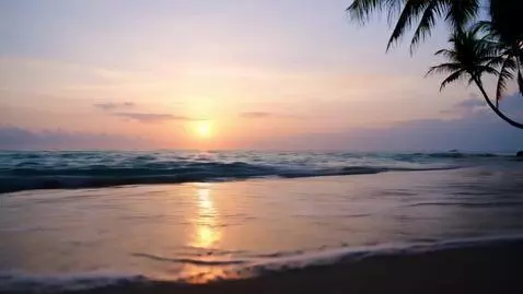 AI Video from prompt: A peaceful tropical beach at sunset. The camera 