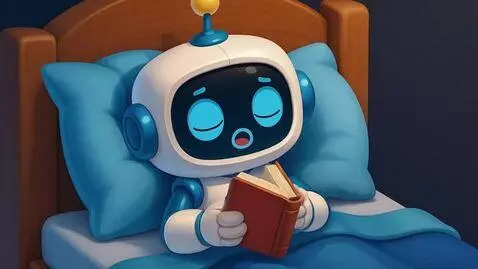 AI Video from prompt: A friendly robot yawning, putting away his book 