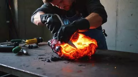 AI Video from prompt: мужчина режет на столе большой кусок лавы ножом