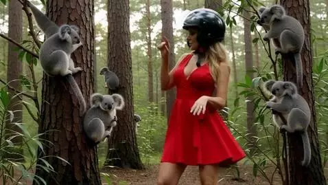 AI Video from prompt: A woman wearing a short red dress with a deep ne