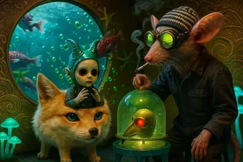 AI Video from prompt: The plague mask eyes glow red. The rat lifts the