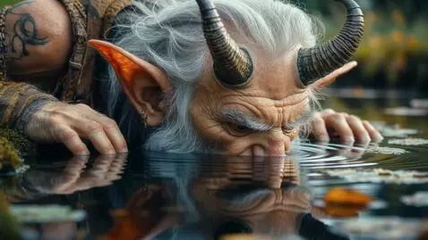 AI Video from prompt: смотрит на свое отражение в воде и расстраиваетс