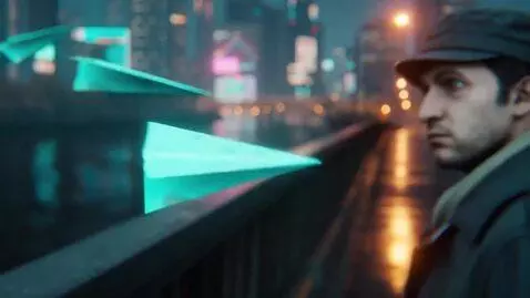 AI Video from prompt: Кадр — "Ночной мост и бумажные самолётики": Вид 