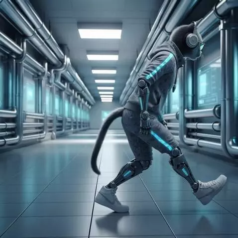 AI Video from prompt: An android cat wearing glasses moves across the 