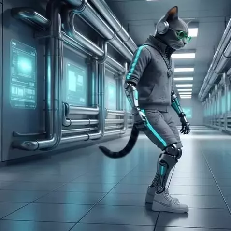 AI Video from prompt: An android cat with glasses (no tail!) walks bac