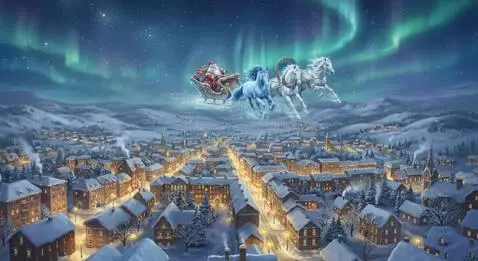 AI Video from prompt: сани Деда Мороза с конями спускаются в город